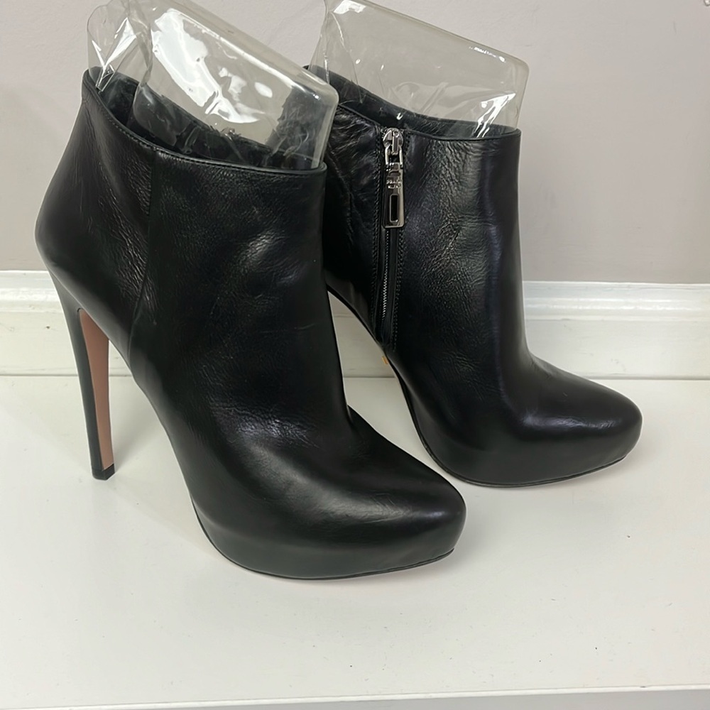 Prada leather heel ankle booties platform front